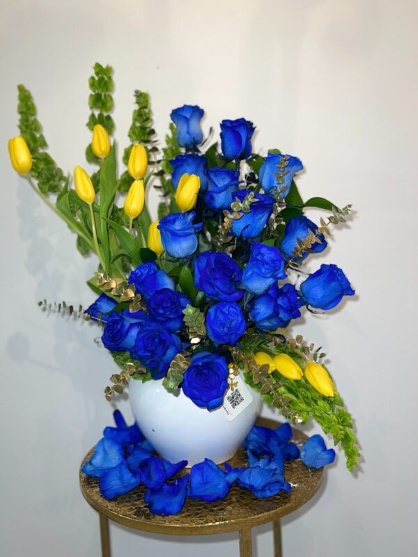 Blue roses and yellow tulips