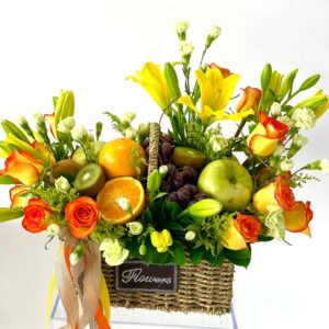 Order Flowers Online Floral Arrangement With Fruits Flower Bouquet With Seasonal Fruits Lilies, Roses, Solidago, Mini Carnations, And Fresh Fruits Fresh Flower And Fruit Combination Gourmet Flower And Fruit Arrangement Seasonal Flower Bouquet With Fruits Fruit And Flower Gift Basket Luxurious Flower And Fruit Arrangement