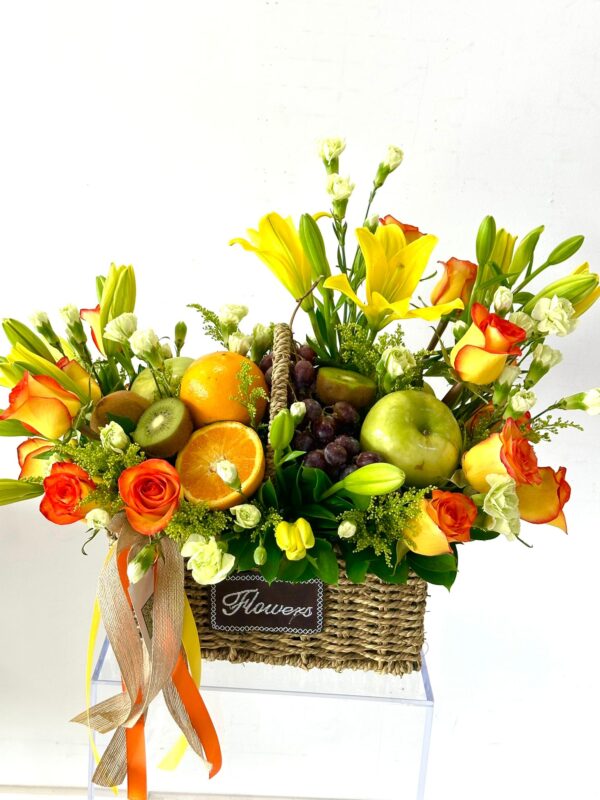 Order Flowers Online Floral Arrangement With Fruits Flower Bouquet With Seasonal Fruits Lilies, Roses, Solidago, Mini Carnations, And Fresh Fruits Fresh Flower And Fruit Combination Gourmet Flower And Fruit Arrangement Seasonal Flower Bouquet With Fruits Fruit And Flower Gift Basket Luxurious Flower And Fruit Arrangement