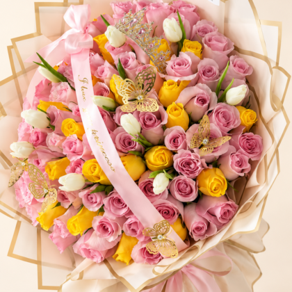 100 Pink and Yellow Roses with White Tulips Bouquet